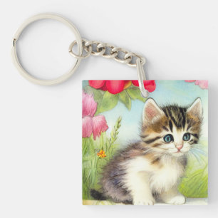 Porte-clés Chaton vintage blanc et Brown avec fleurs