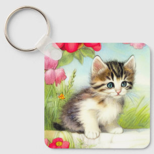 Porte-clés Chaton vintage blanc et Brown avec fleurs