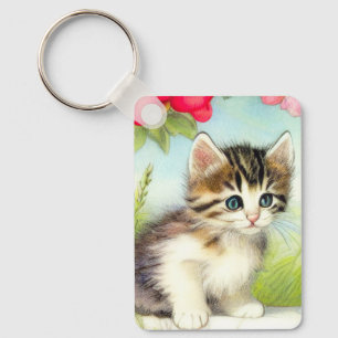 Porte-clés Chaton vintage blanc et Brown avec fleurs