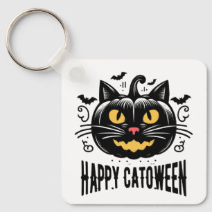 Porte-clés Chatoween heureux Chat noir visage de citrouille H