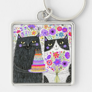 Porte-clés Chats de bouquet floral anniversaire fantaisiste