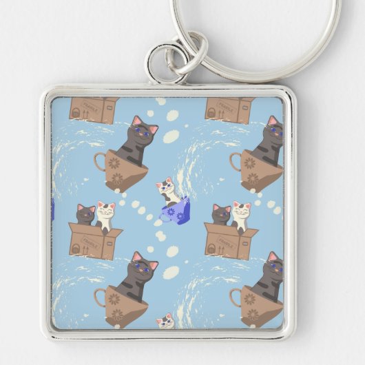 Porte-clés Chats en boîte et gouttes de lait sur bleu (Devant)
