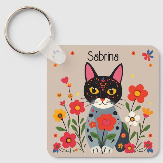 Porte-clés Chats et fleurs d'art populaire Personnalisé (Recto)