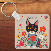 Porte-clés Chats et fleurs d'art populaire Personnalisé (Recto)
