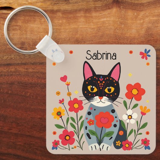 Porte-clés Chats et fleurs d'art populaire Personnalisé (Recto)