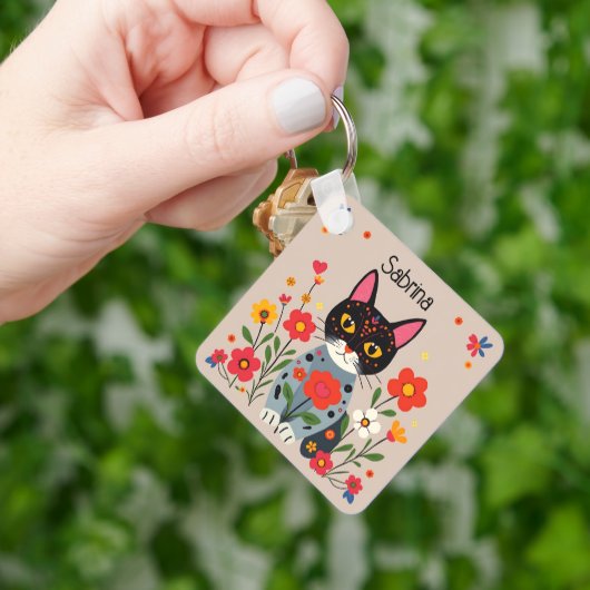 Porte-clés Chats et fleurs d'art populaire Personnalisé (main)