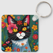 Porte-clés Chats et fleurs d'art populaire Personnalisé (Dos)