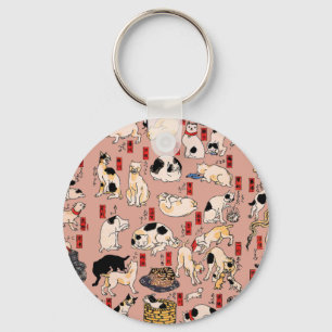 Porte-clés Chats japonais sur bois ukiyo-e Vintage Kitty