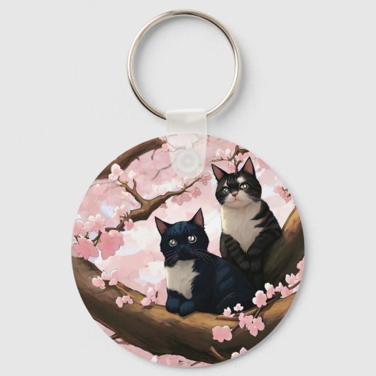 Porte-clés Chats Mignons Sur Un Arbre En Fleur De Cerise (Recto)