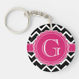 Porte-clés Chaud rose Fleur Monogramme noir Chevron