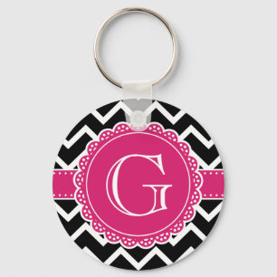 Porte-clés Chaud rose Fleur Monogramme noir Chevron