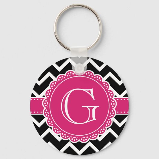 Porte-clés Chaud rose Fleur Monogramme noir Chevron (Recto)