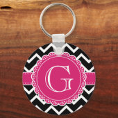 Porte-clés Chaud rose Fleur Monogramme noir Chevron (Recto)