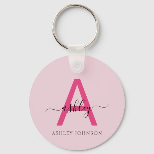 Porte-clés Chaud rose moderne Script Girl Monogramme Nom (Recto)