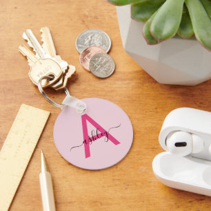 Porte-clés Chaud rose moderne Script Girl Monogramme Nom