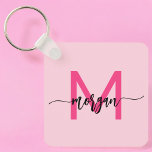 Porte-clés Chaud rose moderne Script Girl Monogramme Nom<br><div class="desc">Gardez vos clés dans le style avec notre Hot Pink Modern Script Girly Monogram Nom Porte - clé! Doté d'un design rose vif, ce porte - clé est personnalisé avec votre nom dans un script moderne chic pour une touche personnalisée et tendance. Parfait pour ajouter un peu de flair à...</div>