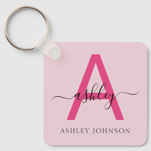 Porte-clés Chaud rose moderne Script Girl Monogramme Nom (Recto)