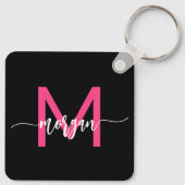 Porte-clés Chaud rose noir moderne Script Girl Monogramme Nom (Dos)