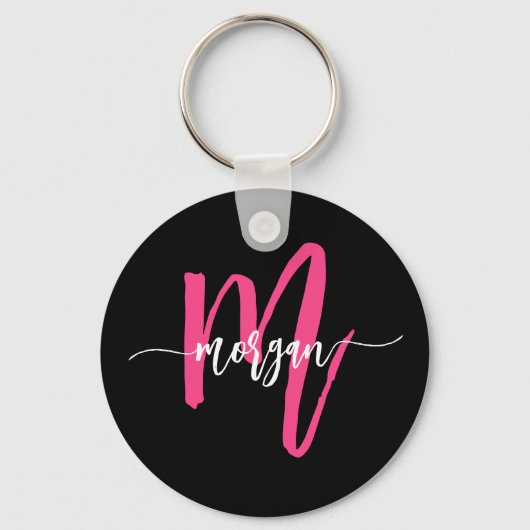 Porte-clés Chaud rose noir moderne Script Girl Monogramme Nom (Recto)