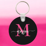 Porte-clés Chaud rose noir moderne Script Girl Monogramme Nom<br><div class="desc">Gardez vos clés dans le style avec notre Hot Pink Modern Script Girly Monogram Nom Porte - clé! Doté d'un design rose vif, ce porte - clé est personnalisé avec votre nom dans un script moderne chic pour une touche personnalisée et tendance. Parfait pour ajouter un peu de flair à...</div>