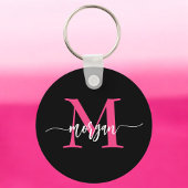 Porte-clés Chaud rose noir moderne Script Girl Monogramme Nom