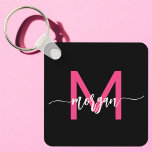 Porte-clés Chaud rose noir moderne Script Girl Monogramme Nom<br><div class="desc">Gardez vos clés dans le style avec notre Hot Pink Modern Script Girly Monogram Nom Porte - clé! Doté d'un design rose vif, ce porte - clé est personnalisé avec votre nom dans un script moderne chic pour une touche personnalisée et tendance. Parfait pour ajouter un peu de flair à...</div>