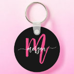 Porte-clés Chaud rose noir moderne Script Girl Monogramme Nom<br><div class="desc">Gardez vos clés dans le style avec notre Hot Pink Modern Script Girly Monogram Nom Porte - clé! Doté d'un design rose vif, ce porte - clé est personnalisé avec votre nom dans un script moderne chic pour une touche personnalisée et tendance. Parfait pour ajouter un peu de flair à...</div>