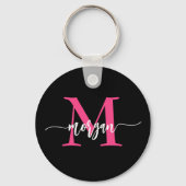 Porte-clés Chaud rose noir moderne Script Girl Monogramme Nom (Recto)