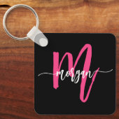 Porte-clés Chaud rose noir moderne Script Girl Monogramme Nom (Recto)