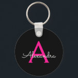 Porte-clés Chaud rose noir Script Girl Nom du monogramme<br><div class="desc">Noir et rose chaud Simple Script Monogramme Nom Keychains (Porte - clé). Cela rend le cadeau parfait pour 16 ans,  mariage,  douche nuptiale,  anniversaire,  baby shower ou bachelorette pour quelqu'un qui aime le luxe glam et les styles chic.</div>