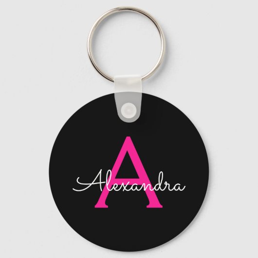 Porte-clés Chaud rose noir Script Girl Nom du monogramme (Recto)