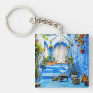 Porte-clés Chefchaouen Blue City Maroc Peinture à l'huile Boh