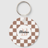 Porte-clés Chèque carré mocha brun blanc rétro Monogramme (Verso)