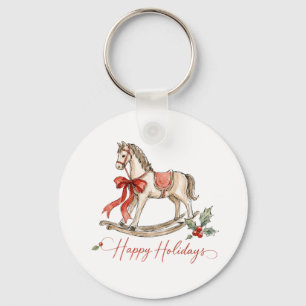 Porte-clés Cheval à bascule de Noël à l'aquarelle