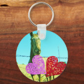 Porte-clés Cheval blond et Coeurs rose et rouge (Recto)