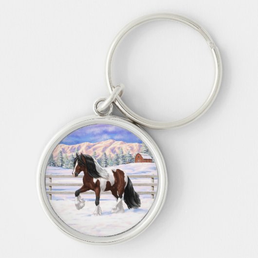 Porte-clés Cheval Brougeot Gitan Pinto De Baie À Neige (Devant)