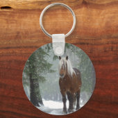 Porte-clés Cheval Brown dans une forêt d'hiver avec chute de  (Recto)