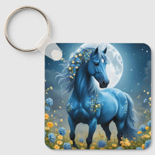 Porte-clés Cheval de fantaisie à fleurs bleues,