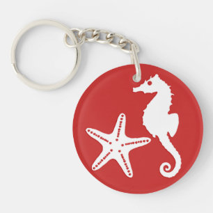 Porte-clés Cheval de mer et poisson d'eau - corail noir rouge