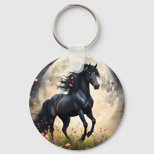 Porte-clés Cheval D'Imaginaire Noir Devant La Lune, (Recto)