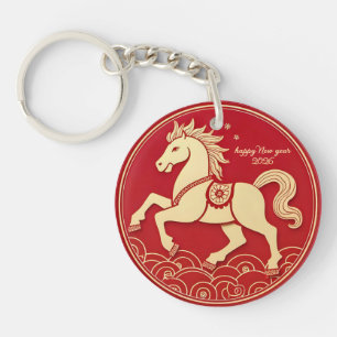 Porte-clés Cheval doré rouge Nouvel An chinois 2026