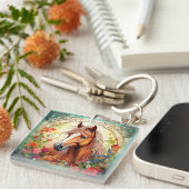 Porte-clés Cheval mignon et Fleur sauvage (Devant Droit)