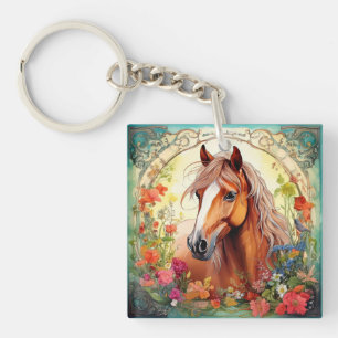 Porte-clés Cheval mignon et Fleur sauvage