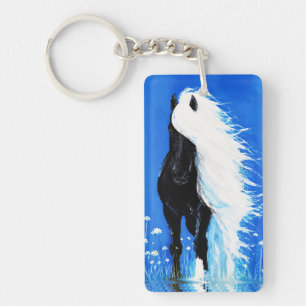 Porte-clés Cheval noir à crinière blanche marchant sur l'eau