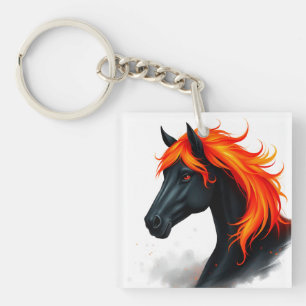 Porte-clés Cheval noir avec crinière rouge feu