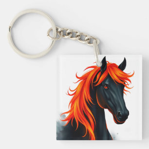 Porte-clés Cheval noir avec crinière rouge feu