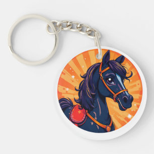 Porte-clés Cheval noir de dessin animé avec fond vibrant