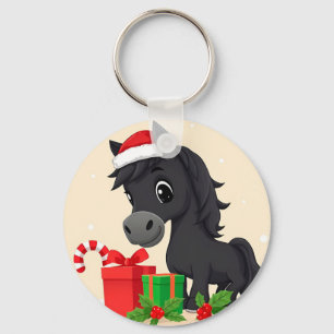 Porte-clés Cheval noir de dessin animé festif avec chapeau de