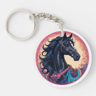 Porte-clés Cheval noir élégant avec fond vibrant