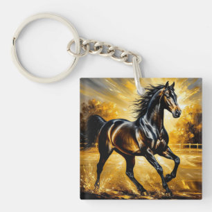 Porte-clés Cheval noir galopant dans l'eau sous un coucher de